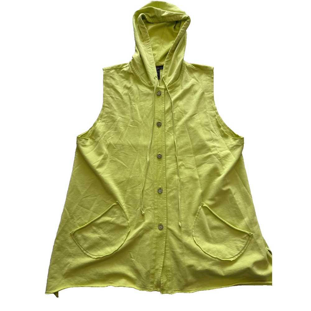 Focus Casual Life Hooded Tunic Womens L Lime Green Cotton Button Front Lagenlook